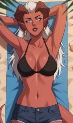 1girls ai_generated ass bigmic145 bikini breasts critical_role critical_role:_vox_machina demon demon_girl female horns jean_shorts long_hair pointy_ears red_body red_skin shorts tail tease teasing the_legend_of_vox_machina vox_machina zahra_hydris