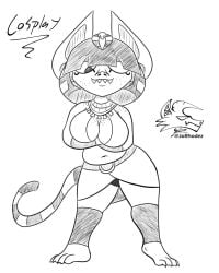 1girls 2025 animal_crossing ankha_(animal_crossing)_(cosplay) artist_logo artist_signature bangs black_and_white chubby cosplaying_as_character deep_cleavage doobie_(jorhodez) egyptian_clothes female female_focus female_only freckles freckles_on_face goblin goblin_female jorhodez large_breasts midriff original pinup sharp_toenails shortstack snout solo solo_female solo_focus thick_thighs thighs winking