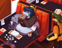 absurd_res anthro belly belly_expansion beverage blonde_hair bone_frill bottomwear breasts burger burger_king cdepraxis clothed clothing colored crown dialogue digital_media_(artwork) dinosaur expansion fan_character female fin fingers fish food frill_(anatomy) furniture green_body green_scales hadrosaurid hair headgear hi_res long_hair male marine meme menu milkshake napkin napkin_holder non-mammal_breasts orange_body orange_scales ornithischian ornithopod overweight overweight_anthro overweight_female pants parasaurolophus prehistoric_species reptile restaurant road scales scalie shark shirt stomach_bulge tail text thick_tail thick_thighs topwear torn_bottomwear torn_clothing torn_pants torn_shirt torn_topwear valerie_(mellowcapsaicin)