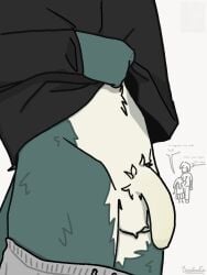 absurd_res anthro asking_another balls beastars beastarsfan big_penis bottomwear canid canine canis clothing darkened_genitalia describing_size dialogue domestic_dog flaccid fluffy foreskin genitals group haru_(beastars) hi_res jack_(beastars) lagomorph larger_male legoshi_(beastars) leporid male mammal pants penis question_mark rabbit size_difference solo solo_focus sweater sweatpants topwear trio wolf