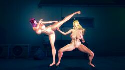 2girls 3d air_conditioner air_conditioning_unit alternate_version_available areola areolae ass bare_shoulders barefoot bench big_ass big_breasts blonde_hair breasts crotch_tattoo evo_moment_37 female female_only fighting fighting_stance full_body gloves glowing_tattoo headband high_heels honey_select honey_select_2 huge_ass huge_breasts kicking lady_j large_ass large_breasts long_hair misery_stentrem muscular muscular_female naked naked_female parry pipe purple_hair pussy shoulder_armor sleeves tattoo thick_thighs thighs trash_bag valkyrie_drive valkyrie_drive_-mermaid- window youkoso!_sukebe_elf_no_mori_e