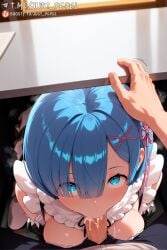 1boy ai_generated blue_eyes blue_hair blush breasts cum cum_in_mouth detached_sleeves eyes_visible_through_hair fellatio female frills hair_ornament hair_over_one_eye hair_ribbon hand_on_another's_head irrumatio just_pepel kneeling large_breasts looking_at_viewer maid oral pants patreon_logo patreon_username penis pink_ribbon pov re:zero_kara_hajimeru_isekai_seikatsu rem_(re:zero) ribbon roswaal_mansion_maid_uniform saliva short_hair solo_focus straight table uncensored under_the_table web_address x_hair_ornament