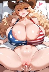 1boy 1boy1girl 1girls ai_generated america_(digbyai) american american_flag big_breasts big_hair blonde_hair blue_eyes countryhumans cowboy_hat curvy digbyai female female female_penetrated flag_print huge_breasts hyper hyper_breasts large_breasts long_hair male male/female male_penetrating male_penetrating_female massive_breasts missionary missionary_position penis pussy sex sexy straight tank_top us_flag vagina vaginal_penetration vaginal_sex
