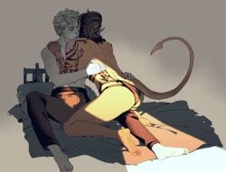 1boy1girl ass astarion baldur's_gate baldur's_gate_3 barefoot closed_eyes dungeons_and_dragons elf_male embrace female forgotten_realms hand_on_back hand_on_tail hidden_face horns karlach kneeling_female lightm000 male male/female panties scars sitting_on_bed straight tail_markings tattoos tiefling topless_female topless_male turned_around
