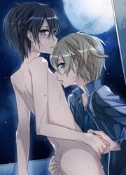 2boys anal anal_fingering ass black_hair blonde_hair blue_eyes blush clothed_male_nude_male eugeo eyebrows_visible_through_hair fingering grey_eyes jacket jianmo_sl kirito looking_at_viewer male_focus moon multiple_boys night nude open_collar shirt sky star_(sky) sweat sword_art_online tears yaoi