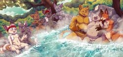 absurd_res anthro arm_grab balls blue_eyes blush brother_(lore) brothers_(lore) brown_body brown_eyes brown_fur bucket burner_(tail_tale) container dipstick_ears dipstick_tail domestic_cat ear_markings eye_patch eye_patch_(tail_tale) eyewear felid feline felis flaccid flustered fur futara12 genitals glasses green_eyes grey_body grey_fur group hi_res hot_spring incest_(lore) jewelry kerchief laugh lick_zack male male/male mammal markings moobs mug_(tail_tale) multicolored_ears muscular nap_zack navel necklace orange_body orange_fur pecs penis plant plantigrade rock sibling_(lore) slightly_chubby steam striped_markings striped_tail stripes tail tail_markings tail_tale tail_tuft talking_to_another thick_thighs towel tree tuft water white_body white_fur yaminabe_aries yellow_(tail_tale) yellow_body yellow_eyes yellow_fur zile_(tail_tale)