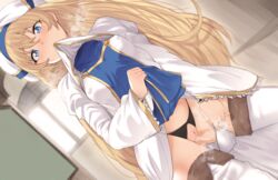 black_panties container_urination crotchless_panties female_only goblin_slayer hews_hack panties peeing peeing_in_cup pokies priestess priestess_(goblin_slayer) pussy solo_female standing_pee teacup uncensored urinating_female urinating_in_cup urine