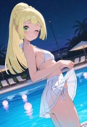 ai_generated bangs bikini blonde_hair blush braid breasts female green_eyes lillie_(pokemon) long_hair looking_at_viewer night night_sky nintendo ocean one_eye_closed outdoors owari_wan palm_tree pokemon pokemon_sm ponytail sarong see-through side-tie_bikini skirt sky small_breasts smile solo star_(sky) starry_sky swimsuit tree water white_bikini white_skirt
