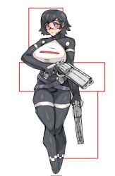 1girls android android_girl belts big_breasts black_hair blue_eyes blush breasts commission commission_art curvy_female cyborg cyborg_girl dual_wielding elster_(signalis) emp_lines female firearm full_body handgun holding_gun holding_weapon irir_(serenitytaisen) iris_(serenitytaisen) looking_at_viewer original_character pale_skin pussy rami_rizu12 revolver robot robot_girl serenitytaisen short_hair signalis simple_background tyr_(call_of_duty) weapon wolf_cut wolfcut