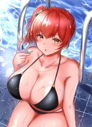 1girls azur_lane big_breasts bikini bikini_bottom bikini_top black_bikini black_bikini_bottom black_bikini_top blush breasts cleavage collarbone female female_focus female_only huge_breasts large_breasts light-skinned_female light_skin looking_at_viewer pool poolside red_hair side_ponytail sitting solo solo_female solo_focus thick_thighs thighs tied_hair water wet wet_body whistle yellow_eyes zara_(azur_lane) zara_(poolside_coincidence)_(azur_lane) zetsuhei_no_roran
