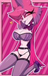 alastor_(hazbin_hotel) alastoria_(hazbin_hotel) big_breasts big_titties black_panties blouse_partially_removed bowtie breasts cleavage clothed clothing female hazbin_hotel heart rule_63 solo thick_thighs thighhighs tongue tongue_out usagi_star wink winking_at_viewer