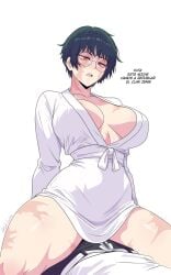 1boy 1female 1girls 2d bathrobe big_breasts breasts color cowgirl_position female female_focus gato_gratam glasses green_hair hips jujutsu_kaisen looking_at_viewer male scar short_hair thick thick_ass thick_thighs thighs wide_hips yuta_okkotsu zenin_maki