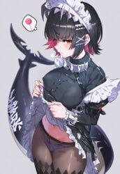 1girls black_dress black_hair black_legwear black_panties blush breasts dress dress_lift ellen_joe female frills grey_background hair_ornament lace lifted_by_self maid maid_headdress multicolored_hair nail_polish navel panties panties_under_pantyhose pantyhose puffy_sleeves red_eyes red_hair short_hair solo streaked_hair two-tone_hair underwear yuneillusts zenless_zone_zero