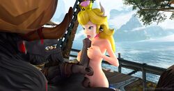 1boy 3d bowsette breasts duo female human kneeling male mario_(series) new_super_mario_bros._u_deluxe nintendo nipples nude resteel small_breasts tauren tongue world_of_warcraft