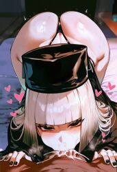 1boy 1girls :>= ai_generated ass ass_up bed bedroom big_penis black_nail_polish black_nails blowjob blush bubble_ass bubble_butt cum cum_in_mouth cum_inside cum_out_nose dark-skinned_male dark_skin deep_blowjob deepthroat ejaculation excessive_cum eyelashes face_down_ass_up fate/grand_order fate_(series) fellatio female genlation gradient_hair grey_hair hands_on_thighs hat heart hearts_around_head huge_ass indoor inside kimono looking_at_viewer male male_pov nail_polish nails oral oral_creampie oral_sex pale-skinned_female pale_skin penis pleasure_face pov room round_ass round_butt semen semen_in_mouth sen_no_rikyu_(fate) short_hair straight sweat thong