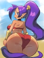 1girls armwear ass backboob big_ass big_breasts blue_eyes bottomwear breasts bubble_ass bubble_butt ear_piercing earrings female female_only hair huge_ass hyenahonk looking_back neckwear pointy_ears ponytail purple_hair shantae shantae_(character) solo solo_female sweat sweatdrop swimsuit thick_thighs thighs topwear