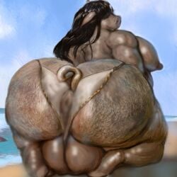 anus ass balls beach beach_background big_balls big_butt black_hair bodily_fluids body_hair butt_hair clothed clothing domestic_pig genitals hair hairy hi_res hohohonse huge_balls huge_butt lingerie male mammal moobs nipples outside pecs solo suid suine sus_(pig) sweat tail underwear