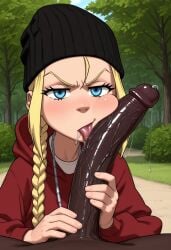 1boy 1girls ai_generated big_penis black_penis blonde_hair blowjob blue_eyes braid cartoon cheek_press cindy_mcphearson dark-skinned_male dark_skin drooling fellatio female large_penis licking_penis long_hair looking_at_viewer male penis pov precum single_braid the_boondocks tongue tongue_out veiny_penis wanting_cock wants_dick