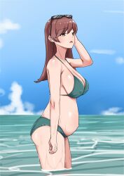 artist_request bangs bikini blue_sky breasts brown_eyes brown_hair character_request cleavage cloud day female green_bikini large_breasts long_hair looking_at_viewer ocean outdoors pregnant sky solo standing swimsuit wading water