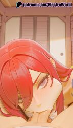 1boy 1girls 2025 ai_generated artist_name blowjob blowjob_face cock dick electroworld erza_scarlet fairy_tail fellatio female hair_over_one_eye hi_res high_quality high_resolution highres licking long_hair looking_at_viewer male oral oral_sex patreon patreon_username penis pov pov_eye_contact red_hair stable_diffusion straight sucking watermark