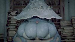 1boy 1girls 3d almightypatty animated big_breasts bigger_female bikini blue_hair blue_skin bursting_breasts elden_ring four_arms huge_breasts multi_arm multi_limb no_sound paizuri paizuri_under_bikini ranni_the_witch tagme titjob video witch witch_hat