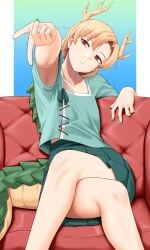 armpit armpit_peek bangs beckoning blonde_female blonde_hair breasts chinese_clothes crossed_legs dragon_girl dragon_horns dragon_tail female female_only green_nails horns kicchou_yachie legs low-angle_view mole_under_eye on_couch painted_nails pale pale-skinned_female pale_skin petite petite_body petite_female pleated_skirt reaching_out reaching_towards_viewer red_eyes short_hair short_hair_female sitting skirt small_breasts solo_female tagme tail touhou upskirt