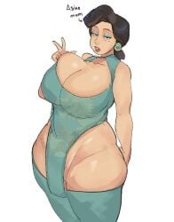 1girls arrow asian asian_female big_breasts black_eyes black_hair breasts chinese_clothes chinese_dress cleavage dress ear_piercing earrings english english_text eyeshadow female female_only hair half-closed_eyes hips huge_breasts koco_gi legwear lips mature mature_female mature_woman milf ming_lee mole mole_under_eye mother peace_sign pelvic_curtain solo solo_female text thick_thighs thighhighs thighs turning_red wide_hips