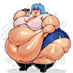 absurd_res absurdres ai_assisted ai_generated big_breasts breasts cyan_hair fat fat_ass fat_belly fat_fetish fat_thighs female fnf fnf_mod fnf_mods friday_night_funkin friday_night_funkin_mod heavy_breathing huge_belly microphone morbidly_obese morbidly_obese_female obese obese_female overweight overweight_female pink_eyes see-through_clothing segmented_stomach sky_(friday_night_funkin) skyverse steaming_body sweat sweating sweaty sweaty_body white_shirt