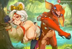 ai_generated blue_eyes bokoblin breasts breasts_out female flashing flashing_breasts forest glasses grabbing_legs headwear heels horn legs_up lucakp male monster monster_cock nose patreon patreon_link patreon_logo patreon_reward patreon_url patreon_username penis purah purah_(tears_of_the_kingdom) pussy restrained ripped_clothing river sex standing standing_sex tagme the_legend_of_zelda the_legend_of_zelda:_tears_of_the_kingdom three_fingers tied tied_to_tree tied_up vaginal_penetration