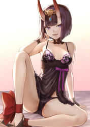 babydoll breasts cleavage cute_fang demon fate/grand_order fate_(series) female female_only floral_print horns lingerie mashu_003 panties purple_eyes ribbons short_hair shuten_douji_(fate) solo spread_legs underwear