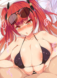 1boy areola_slip areolae azur_lane bangs bar_censor bare_arms bikini black_bikini blunt_bangs blush breasts censored clothed_female_nude_male clothed_sex collarbone commentary_request covered_nipples eyebrows_visible_through_hair eyes_visible_through_hair eyewear_on_head female hair_ornament heart highres honolulu_(azur_lane) huge_breasts lips long_hair lying nose_blush nude on_back open_mouth paizuri penis red_eyes red_hair samurai_(movemusic) shiny shiny_skin solo_focus star star_hair_ornament straight sunglasses sweat swimsuit translation_request twintails