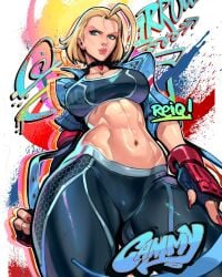 1girls abs black_choker blonde_hair blue_eyes breasts cammy_white cammy_white_(fortnite) capcom choker fat_ass female female_only fit_female fit_legs fully_clothed gloves jacket nail_polish navel reiq solo street_fighter street_fighter_6 strong_female