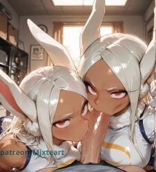 1boy 2girls ai_generated big_breasts blowjob blowjob_only blush breasts breasts_bigger_than_head bunny_ears bunny_girl cooperative_fellatio cute cute_face fellatio fellatio_pov female female_focus female_on_human highres horny horny_female human large_breasts large_penis leaning male male/female mature_female mirko mixteart my_hero_academia naked naked_male nude nude_male patreon penis penis_out pleasure_face pov pov_blowjob pov_male smile smiley_face sucking sucking_penis thick thick_female watermark