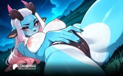 ai_generated animal anthro breasts ear female fur furry gradient_hair horns lips long_hair looking_at_viewer lunanova41 night nipples pink_hair seductive_pose solo thick_thighs thong touching_crotch wet wet_body white_hair