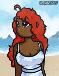 1girl 1girls attractive beach beach_background beautiful beauty_mark beauty_mark_on_breasts big_breasts birthmark birthmark_on_breasts black black_body boobs_focus breast_focus breasts cartoony cleavage cowlick cute cute_face cute_girl dark-skinned_female dark_body dark_skin dress female female_focus female_only floral_pattern ginger ginger_female ginger_hair large_boobs large_breasts looking_away oc ocean ocean_background original original_character poofy_hair red_hair redhead_female sea seaside simple simple_face simple_shading solo solo_female solo_focus summer tagme uncon_arts woman_only woman_solo