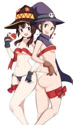 2girls ass breasts crossover digimon digimon_adventure female female_only hikari_yagami kari_kamiya kono_subarashii_sekai_ni_shukufuku_wo! light-skinned_female light_skin megumin pabsmikan panties short_hair studio_deen toei_animation white_background witch_hat wizardmon_(cosplay) yagami_hikari