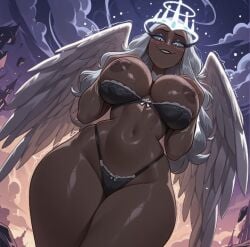 1milf 2025 ai_generated angel angel_wings areolae athletic belly big_breasts big_thighs black_lingerie black_panties bra breasts breasts_out busty busty_female cloud clouds crown curvy dark-skinned_female dark_skin down_angle eyelashes female female_only full_body grey_eyes hazbin_hotel hellaverse highleg_panties hourglass_figure huge_breasts lace-trimmed_bra lace_trim lingerie looking_at_viewer looking_down lustful_mind mature_female milf naughty_face navel night night_sky nipples seductive seductive_look seductive_smile sera_(hazbin_hotel) seraph smiling_at_viewer solo stable_diffusion standing sweat teeth thick_thighs twitter_link vivienne_medrano western_cartoon white_hair wide_hips wings