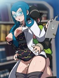 1boy 1girls age_difference blue_eyes blue_hair blue_nails breasts breasts_out clothed_sex clothing_lift ek_n_e_s exposed_pussy eyewear female functionally_nude game_freak labcoat mable_(pokemon) mable_(z-a) male nail_polish nintendo older_female_and_younger_male pants_down paxton_(pokemon) pokemon pokemon_legends:_z-a pussy sex sex_from_behind standing_sex