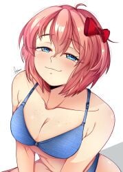 1girls bare_shoulders blue_bra blue_eyes blue_panties bow bra breasts cleavage collarbone doki_doki_literature_club female freckles freckles_on_breasts hair_bow hairbow matching_underwear onyxvoyd panties red_bow red_hair_bow red_hairbow sayori_(doki_doki_literature_club) smug smug_face smug_grin strawberry_blonde_hair underwear underwear_only