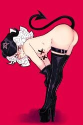 1girls acidity ass bent_legs bent_over black_gloves black_pasties breasts demon demon_girl demon_horns demon_tail eyewear female female_only full_body glasses gloves hair hands_on_knees handwear hat headwear heels helltaker high_heels horns pandemonica_(helltaker) pasties platform_heels red_background red_eyes small_breasts solo solo_female tail thigh_strap thighhigh_boots thighs white_hair x_pasties