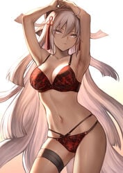 bra breasts fate/grand_order fate_(series) floral_print koha-ace lingerie long_hair mashu_003 okita_souji_(alter)_(fate) panties picot_trim picot_trim_bra picot_trim_panties pink_eyes red_bra red_lingerie red_panties seductive_look solo_focus underwear white_hair