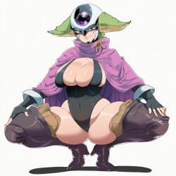 1girls ai_generated ass big_ass big_breasts big_butt breasts cape cleavage cloak fairy_tail gloves green_hair helmet high_heel_boots huge_ass huge_breasts huge_butt kyouka large_breasts leotard looking_at_viewer mullon naughty_face purple_eyes smile smug solo squatting thick_thighs thigh_boots thighs white_background