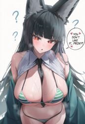 1girl 1girls ? animal_ears bangs bare_shoulders bikini black_hair blunt_bangs blush breasts cleavage eyebrows_visible_through_hair flying_sweatdrops heart hoshimi_miyabi leaning_forward long_hair looking_at_viewer navel necktie red_eyes skindentation solo striped striped_bikini sweat swimsuit very_long_hair yuneillusts zenless_zone_zero
