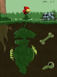 absurd_res anthro body_outline braixen canid canine canis dirt dirtymac domestic_dog elemental_creature eyewear female female_prey flora_fauna forest generation_6_pokemon grass grey_body hi_res mammal nintendo plant plant_pred plant_vore pokemon pokemon_(species) roots sunglasses tree under_the_floor underground vacuum_sealed vore