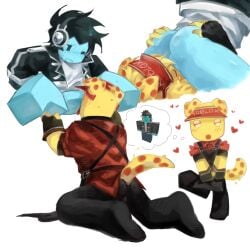 artist_request ass black_apron black_pants blocky_body blush boy cuntboy cuntboy/male dued1 eating_pussy elliot_(work_at_a_pizza_place) gay gay_male grabbing_ass half_naked headphones heart intersex jacket licking_pussy male npc puppy_ears puppy_tail red_shirt reference_image roblox roblox_avatar roblox_developer roblox_game robloxian sitting_on_face spread_legs thinking white_background white_shirt work_at_a_pizza_place