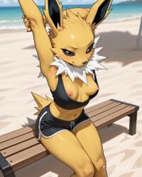 ai_generated anthro athletic_body blue_eyes blush breasts day ear female fluids jolteon looking_at_viewer mane nipples nude outdoor_shower pokemon pussy shower small_breasts soap solo spiky_hair suds sylestia tail vagina water wet wooden_fence yellow_fur