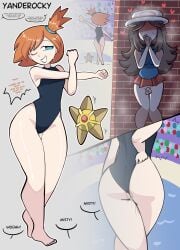 2girls after_sex against_wall ass bare_legs bare_shoulders barefoot black_one-piece_swimsuit blue_eyes blue_nails blue_one-piece_swimsuit blue_shirt blush breasts brick_wall brown_hair clothing competition_swimsuit covered_navel covering_crotch covering_own_mouth cum cum_on_legs cumdrip english_text exhibitionism faceless faceless_female faceless_male female full_body futanari hand_on_own_hip hat highleg highleg_swimsuit kasumi_(pokemon) leaf leaf_(pokemon) long_hair microskirt miniskirt multiple_girls multiple_views nail_polish one-piece_swimsuit one_eye_closed one_side_up open_mouth orange_hair penis pleated_skirt pokemon pokemon_(creature) ponytail prostitution public_indecency red_skirt shiny_skin shirt short_hair side_ponytail skirt sleeveless sleeveless_shirt small_breasts smile speech_bubble standing starfish staryu stretching sweat swimsuit talking thick_thighs thigh_gap thighs toenail_polish toenails toes white_headwear wide_hips yanderocky