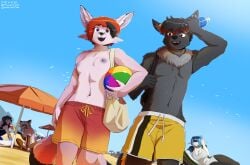 2024 anthro artist_name ball beach beach_ball beach_umbrella being_watched biped blue_sky blush bottle breasts canid canine chrys_(lumarion) clothed clothing container crossdressing cutout dated day detailed_background digital_media_(artwork) duo_focus dutch_angle english_text female female_anthro fish fox freckles front_view fur grey_body grey_fur group handwritten_text hi_res highlights_(coloring) inflatable lillie_sea_wry looking_at_another low-angle_view luro_(lurosira) male male_anthro male_swimwear_challenge mammal marine navel neck_tuft nipples one-piece_swimsuit orange_hair outdoor_nudity outside parasol pink_body pink_fur public public_nudity purple_eyes red_eyes shaded shark sharkini shirtless signature simple_shading sira_(lurosira) sky small_breasts smile social_nudity standing swimming_trunks swimwear tail text the-minuscule-task topless tuft url water_bottle