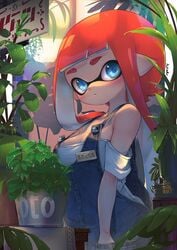 bangs bare_shoulders big_breasts blush cleavage female female_only fringe fully_clothed greenhouse hizake inkling inkling_girl kashu_(hizake) nintendo off_shoulder overalls pointy_ears splatoon splatoon_2 tentacle_hair white_shirt wide_eyed