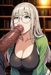 ai_generated big_lips big_penis blonde_hair blowjob blue_eyes cardigan cleavage glasses large_breasts leggings library long_hair looking_up off_shoulder pink_lips pubes tagme tanktop tight_clothing